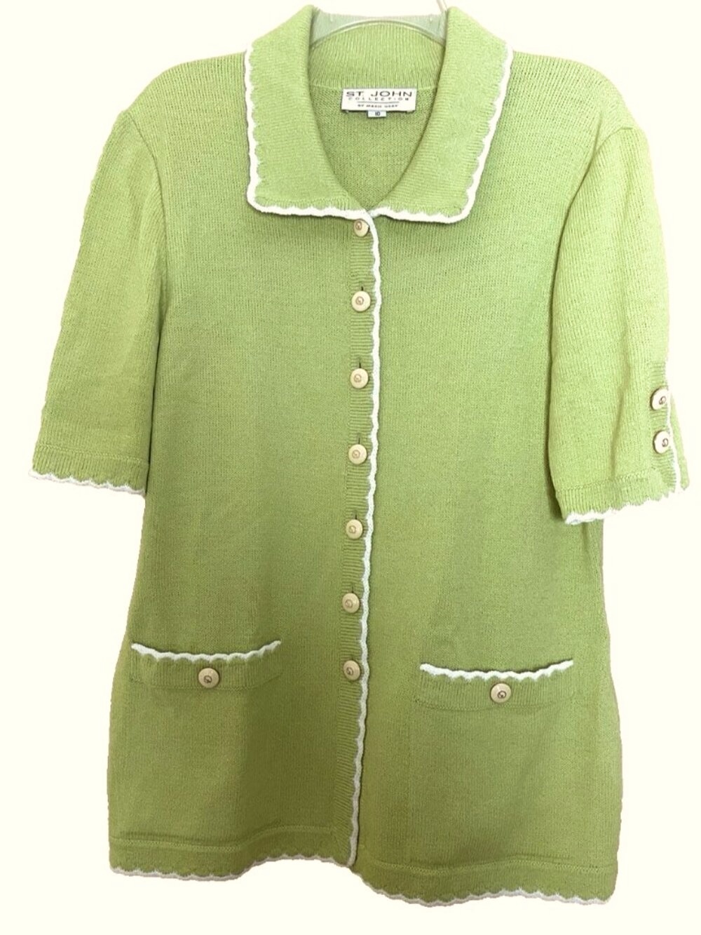 St. John Collection Sweater Jacket Size 10 Lime Green Santana Knit Short Sleeve